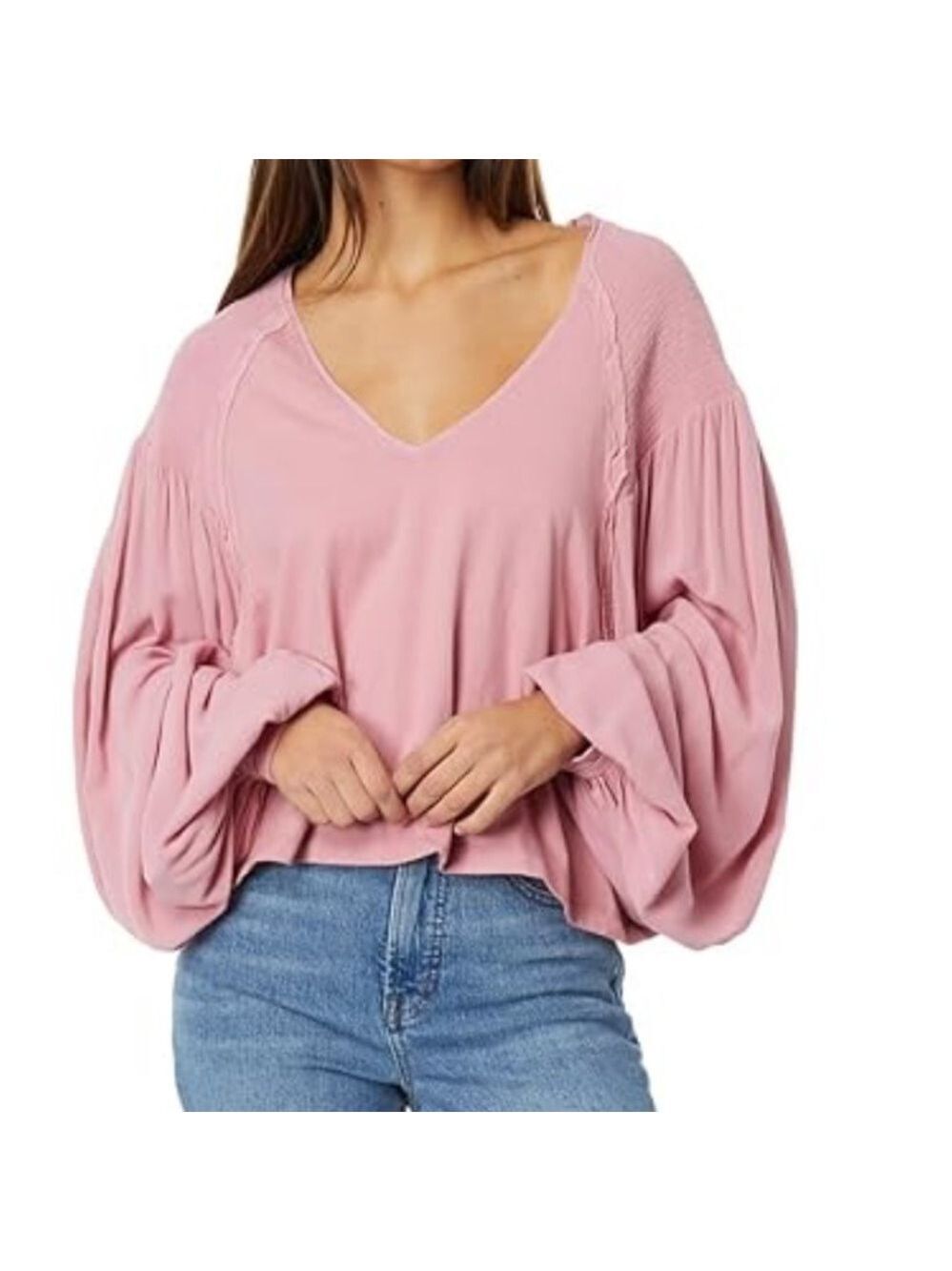 Free People Kathy Blush Pink Long Balloon Sleeve Top Size M Oversized Boho Flowy
